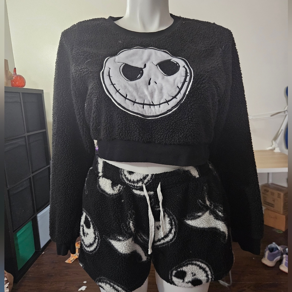 Black Fuzzy Crop Top and Shorts Nightmare Before Christmas Set.